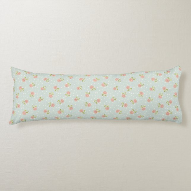 Coussins Longs floral rose blanc chic minable bleu-clair de point (Devant)