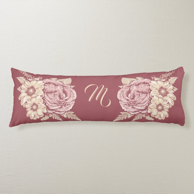 Coussins Longs Flower Illustration personnalisé monogramme corps  (Devant)