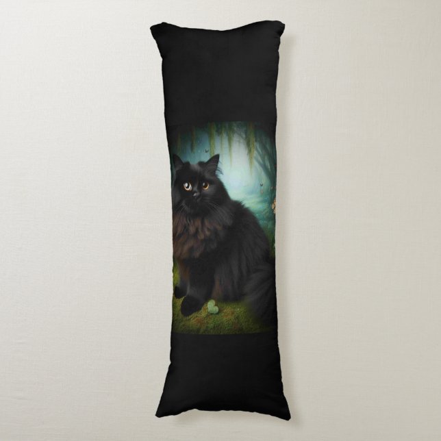 Coussins Longs Fluffy Chat noir en Misty Woods (Devant (Vertical))