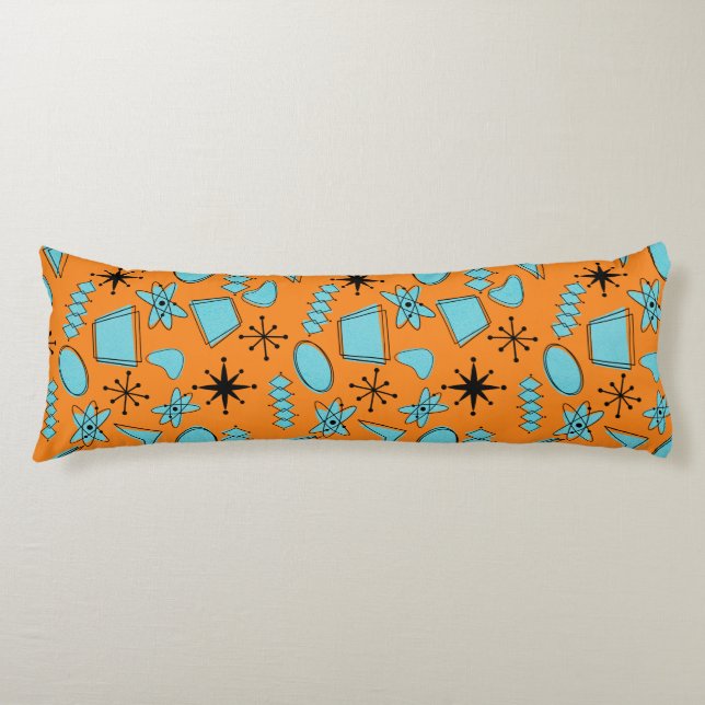 Coussins Longs Formes atomiques MCM Turquoise sur orange (Devant)