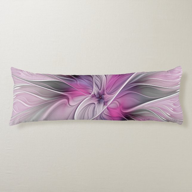 Coussins Longs Fractal Floral Moderne Abstrait Fleur Rose Gris (Devant)