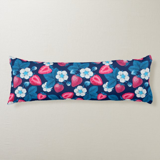 Coussins Longs Fraises roses sur bleu (Devant)