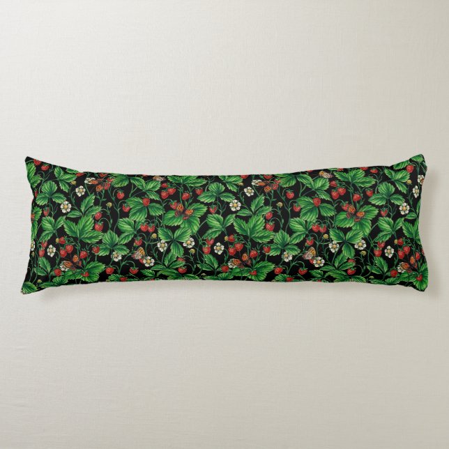 Coussins Longs Fraises sauvages sur le noir (Devant)