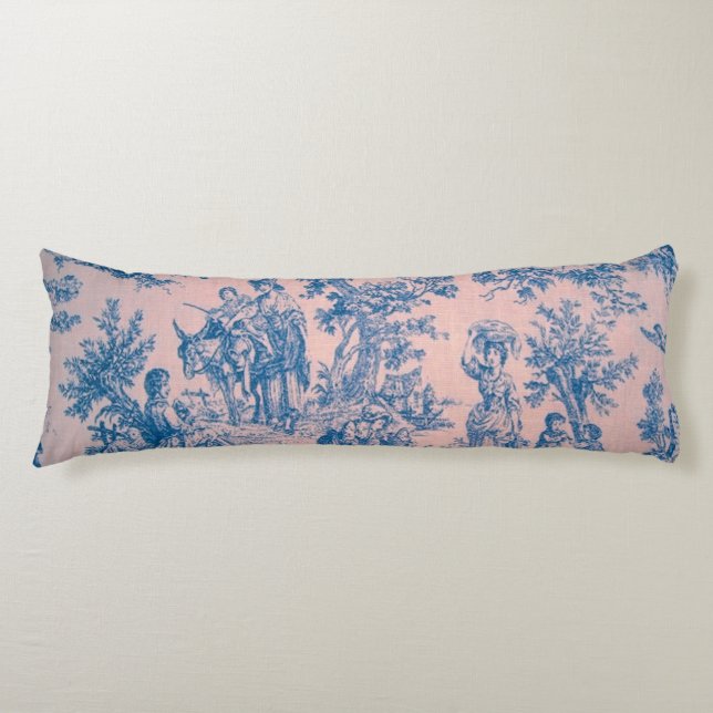 Coussins Longs French toile de jouy rose et bleu élégant (Devant)