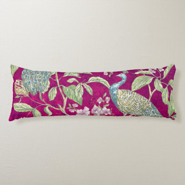 Coussins Longs Fuchsia Chinoiserie paon floral (Devant)
