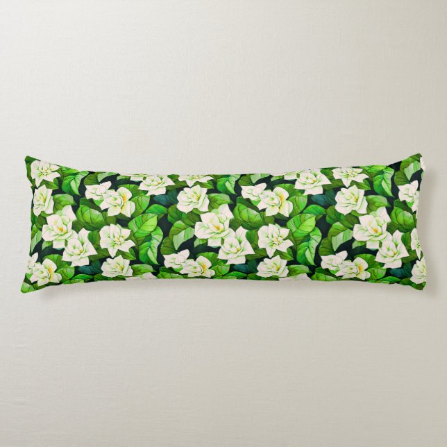 Coussins Longs Gardenias blanches et Feuilles verts de Jade (Devant)