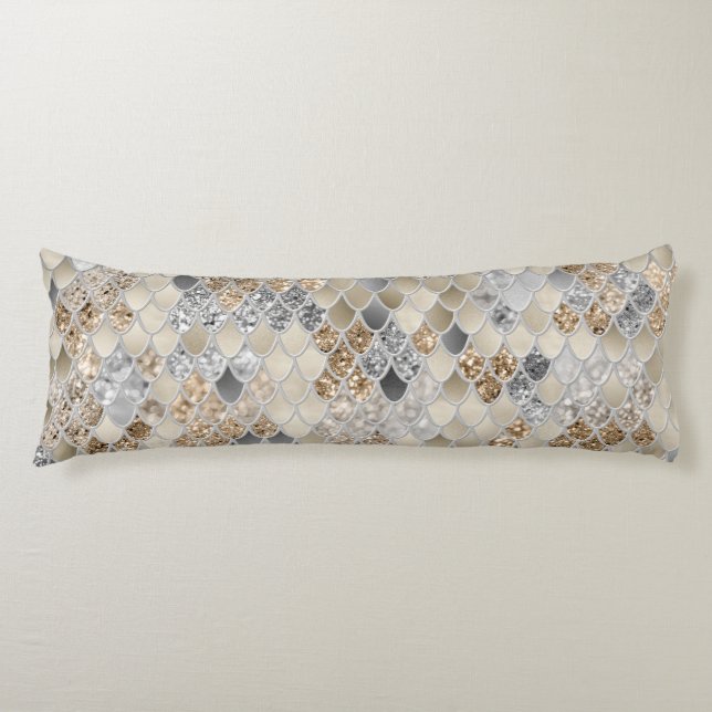 Coussins Longs Glam de sirène gris argenté or #1 (Devant)