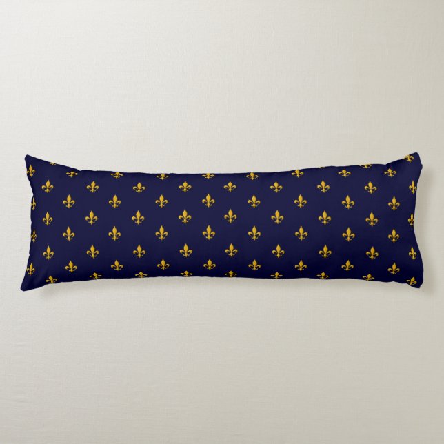 Coussins Longs Golden Fleur de Lis sur Navy Blue (Devant)
