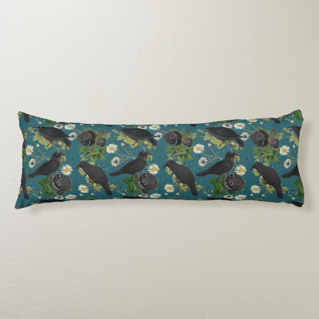 Coussins Longs Goth Crows et Roses noirs Profond Turquoise Motif (Devant)