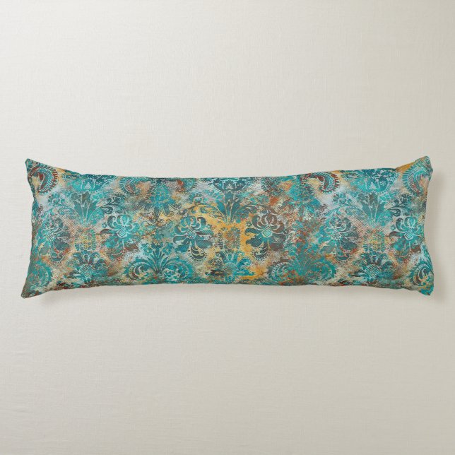 Coussins Longs Grunge Damassé Aqua Viridian Moutarde Terracotta  (Devant)