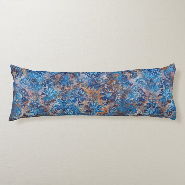 Coussins Longs Grunge Damassé Bleu Cobalt Rouille Orange (Devant)