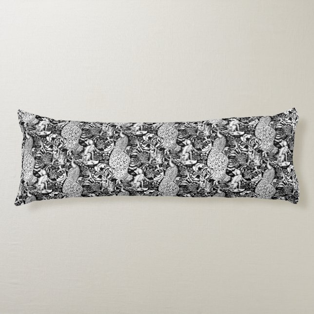 Coussins Longs Impression de paon Art nouveau, noir et blanc (Devant)