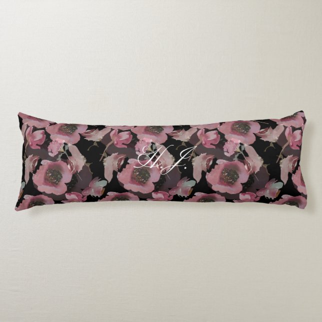 Coussins Longs Initiales Florales Noires Personnalisées Oreiller  (Devant)
