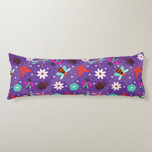 Coussins Longs Insectes colorés et fleurs sur fond violet