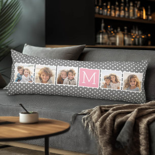 Coussins Longs Instagram gris et rose 5 Photo Collage Monogramme
