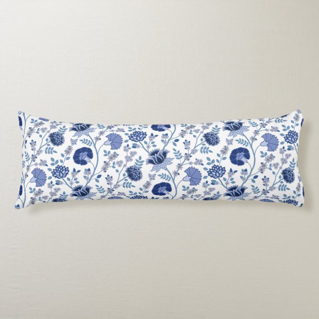 Coussins Longs Jacobean Floral Lg Motif Blues sur blanc (Devant)