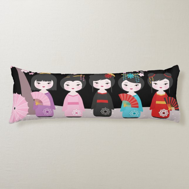 Coussins Longs Japonais Kokeshi Dolls Noir (Devant)