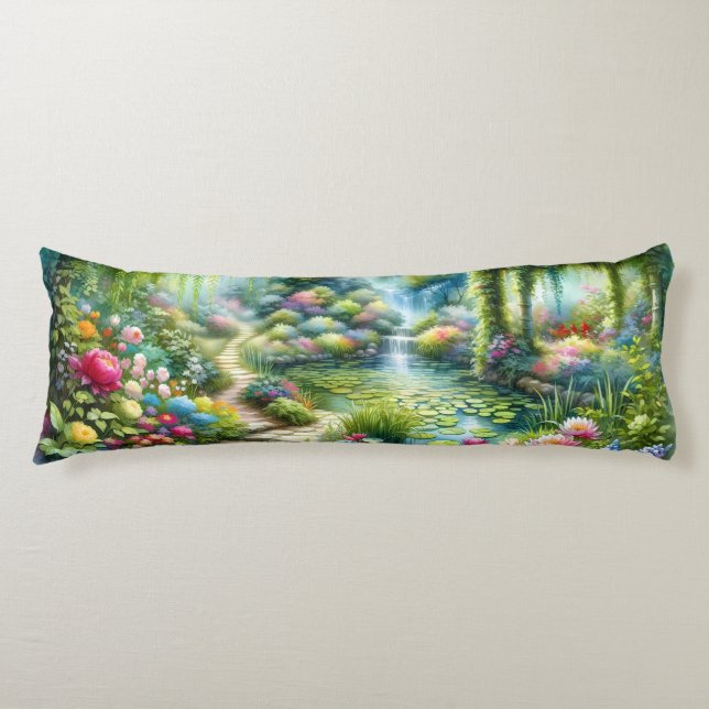 Coussins Longs Jardin de cascade enchanté avec bassin de nénuphar (Devant)