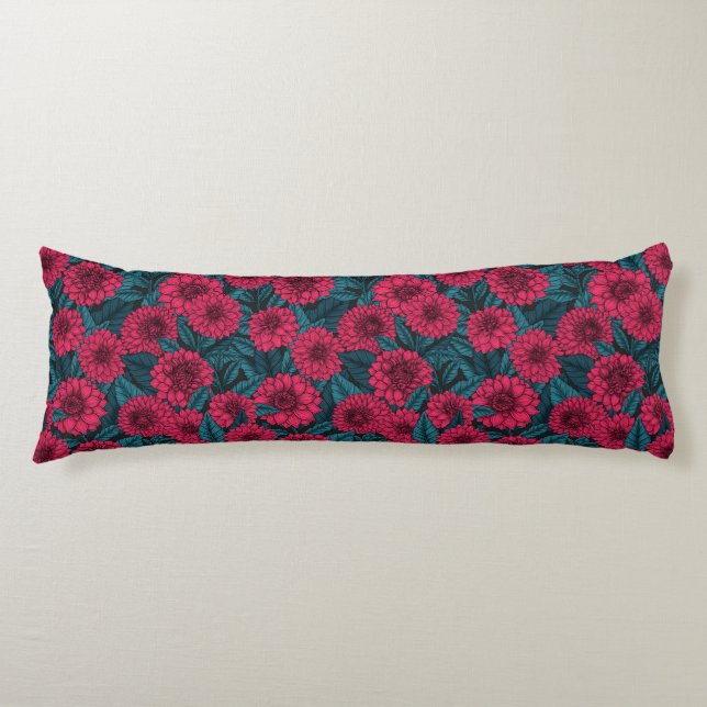 Coussins Longs Jardin de Dahlia Rouge/feuilles bleus (Devant)