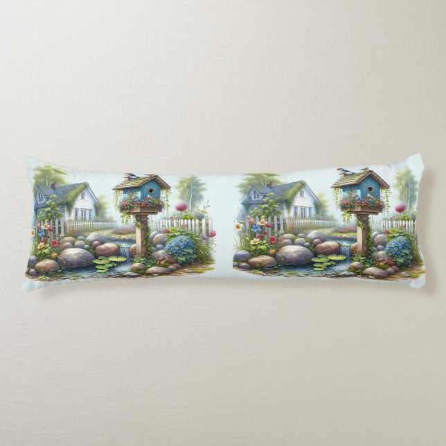 Coussins Longs Jardin de maisonnette à l'aquarelle avec nichoir à (Devant)