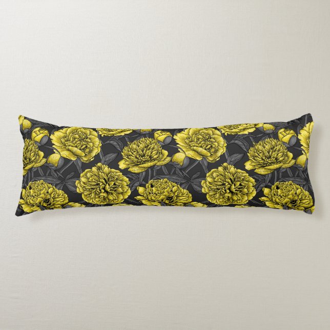 Coussins Longs Jardin de pivoine nocturne en jaune et gris (Devant)