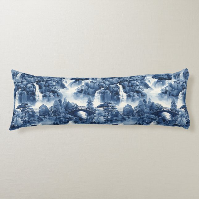 Coussins Longs Jardin d'eau japonais en porcelaine blanche bleue (Devant)