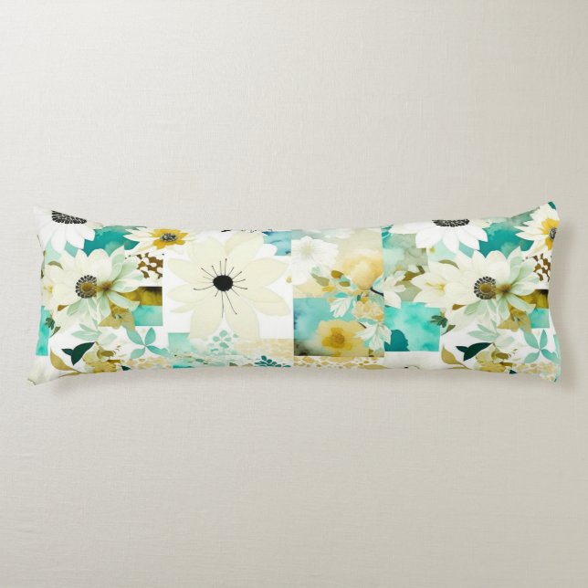 Coussins Longs Joli Art folklorique Fleurs blanches et turquoise (Devant)