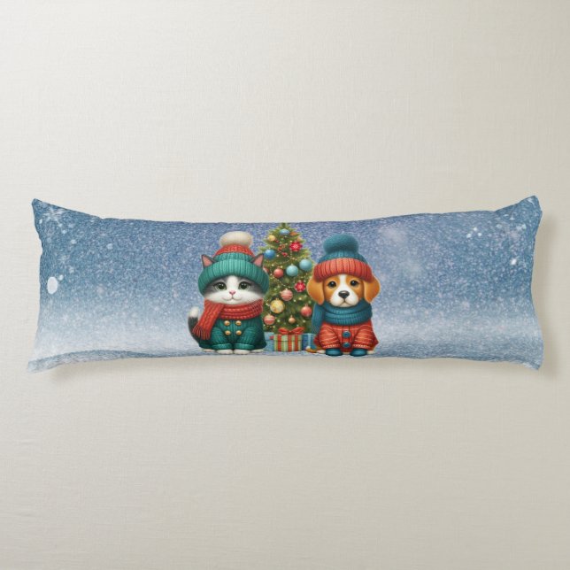 Coussins Longs Joli chiot et petit chat de Noël (Devant)