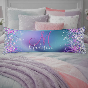 Coussins Longs Joli monogramme faux paillettes turquoise violet