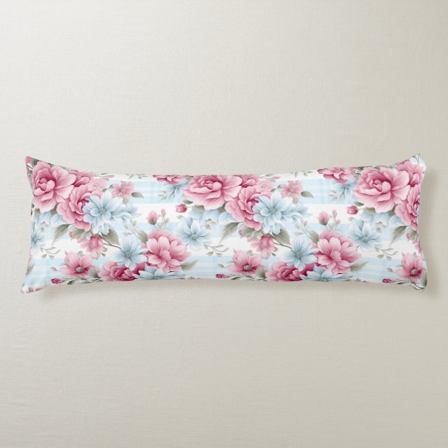 COUSSINS LONGS JOLIE FLEURS DE COULEUR D'EAU BLEUE ROSE PASTEL (Devant)