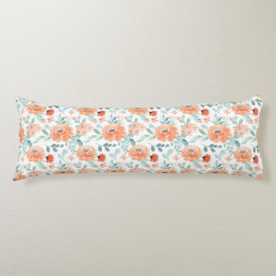 Coussins Longs Jolie floral aquarelle pêche feuilles vertes blanc