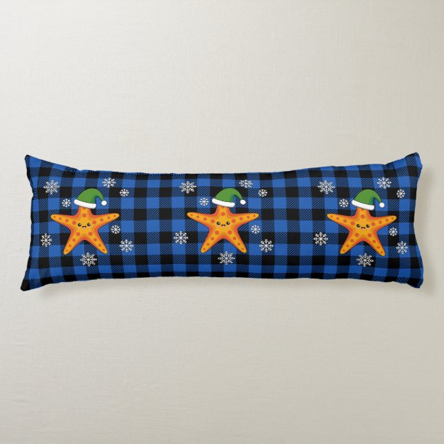 Coussins Longs Kawaii Xmas Starfish sur Blue Buffalo Motif (Devant)