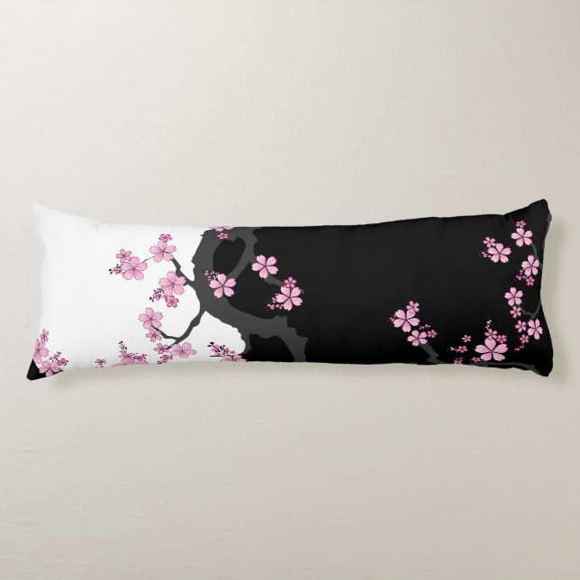 Coussins Longs Kimono japonais Sakura noir et blanc (Devant)