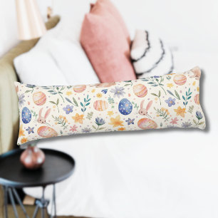 Coussins Longs Lapin Fleurs Œufs Pastel Aquarelle Intemporel