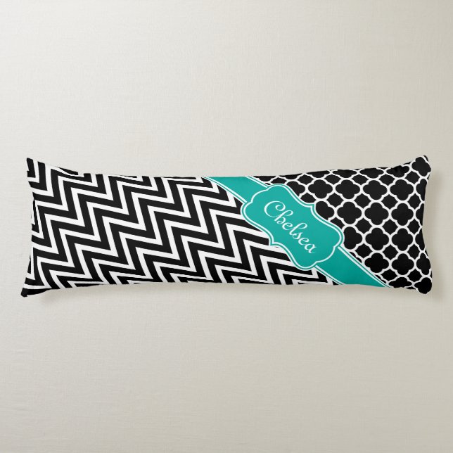 Coussins Longs Lattice noir / Chevron Motif Nom Turquoise (Devant)