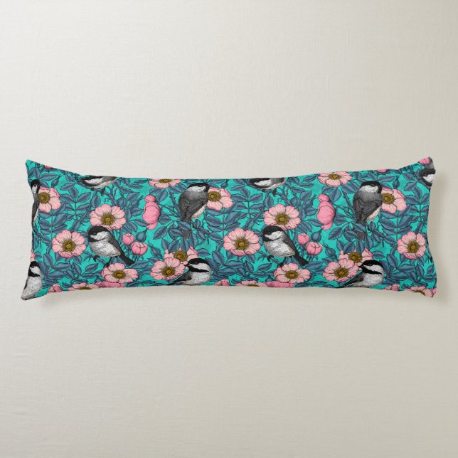 Coussins Longs Les poulets dans la nature rose, rose et bleu (Devant)