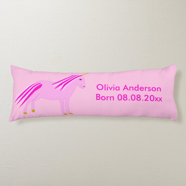 Coussins Longs Licorne Fille Rose Bébé Naissance Personnalisée (Devant)