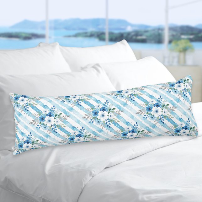 Coussins Longs Light Blue Floral Pattern Coastal Minimal (An elegant blue and white striped body pillow with floral bouquet and leaves repeating pattern)