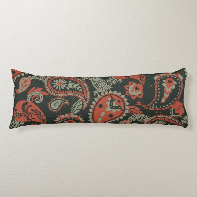 Coussins Longs Linocut Traditionnel Paisley Chaud Orange Mint Ver (Devant)