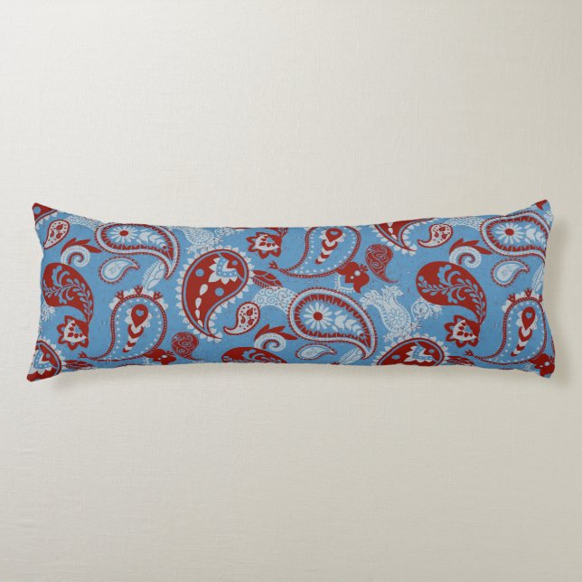 Coussins Longs Linocut traditionnel Paisley Rouge Bleu Blanc (Devant)