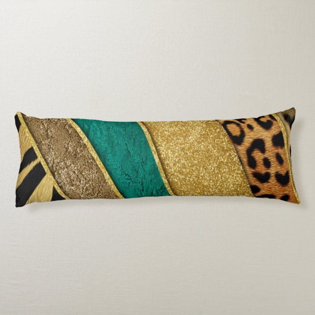 Coussins Longs Luxury Emerald & Gold Safari Leopard Zebra Glitter (Dos)