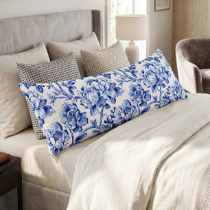 Coussins Longs Magnolias Bleus et Blancs Toile de Jouy
