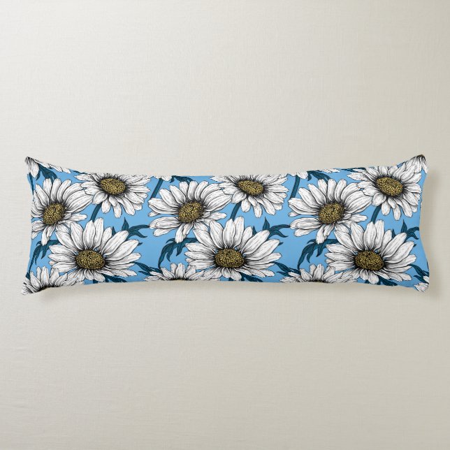 Coussins Longs Maisonnettes, fleurs sauvages sur bleu (Devant)