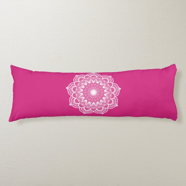 Coussins Longs Mandala blanc sur fond rose (Devant)