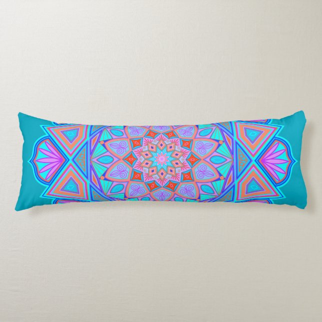 Coussins Longs Mandala bleu violet orange sur fond bleu (Devant)