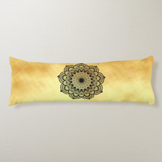 Coussins Longs Mandala noir sur fond or doux (Devant)