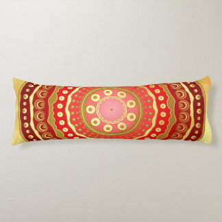 Coussins Longs Mandala Rouge Points Dorés sur Fond Doré Clair