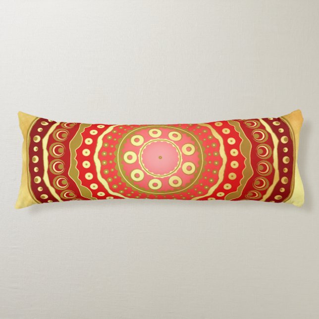 Coussins Longs Mandala Rouge Points Dorés sur Fond Doré Clair (Devant)