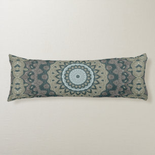 Coussins Longs Mandala Taupe et Bleu Canard avec Symétrie Tribale