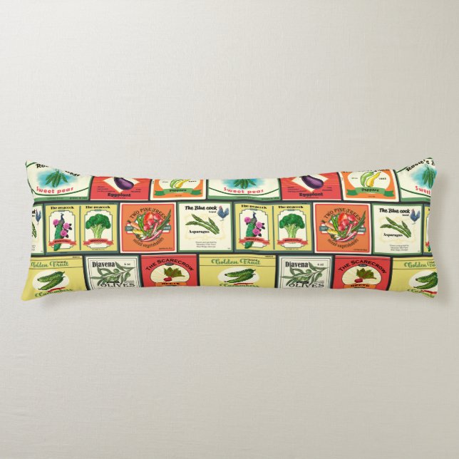 Coussins Longs Marchandises en conserve vintages - étiquettes de  (Devant)